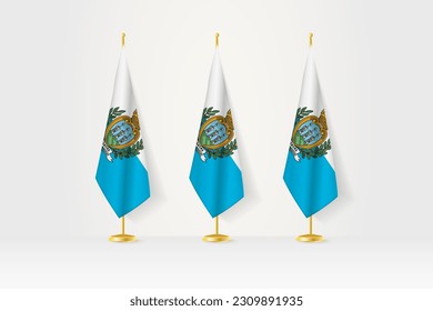 Three San Marino flags in a row on a golden stand, illustration of press conference and other meetings. Vector illustration.