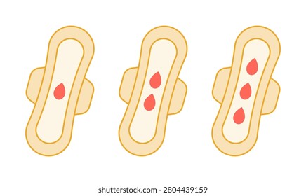 Three sanitary pads illustrate different menstrual flow amounts with red drops, representing absorption capacity and period tracking. Sanitary pads with varying levels of menstrual flow shown as drops