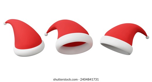 Three santa claus christmas red hat 3d vector icon floating isolated on white background. realistic cartoon minimal style object celebration decorative holiday merry christmas elements. illustration