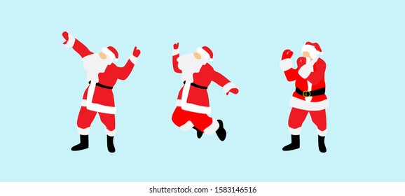 three santa claus dance for merry christmas and happy new year template background, vector illustration