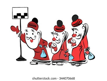 Three Santa Claus to stop waiting for a taxi