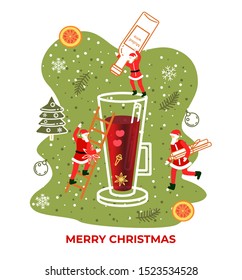 Three Santa Clauses preparing and pouring mulled wine flat illustration on green background with snowflakes. Merry Christmas greeting card, banner, poster design element. Vector concept.