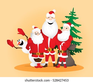 Three Santa Clauses with snowman, sack and christmas tree