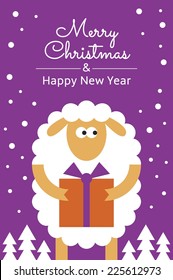 Three Santa Rein deers with heart decorations on horn. hand-drawn vector greeting card. text: Merry Christmas & Happy New Year