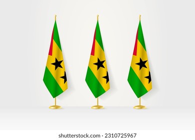 Three Sao Tome and Principe flags in a row on a golden stand, illustration of press conference and other meetings. Vector illustration.