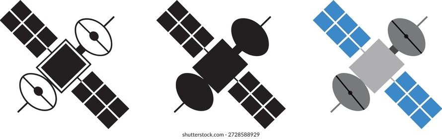 Três ícones de satélite, dois em silhueta preta e um em cor, com painéis solares e antenas parabólicas. Conceito de tecnologia espacial.