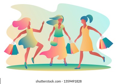 Three satisfied girlfriends come back from the sale with large bags, happy shopping. Template, flat design, vector illustration.
