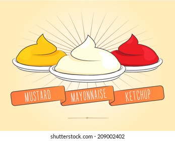 three sauces: mustard, mayonnaise and ketchup