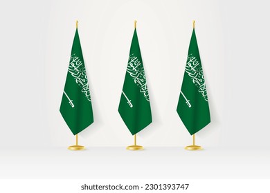 Three Saudi Arabia flags in a row on a golden stand, illustration of press conference and other meetings. Vector illustration.