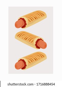 Three sausages baked in dough. Sausage roll. The concept of fast food. A snack at work or on a walk. To design a poster, menu, or sign. Vector drawing.