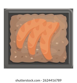 Three sausages cooking in a pan with grease on the stove top
