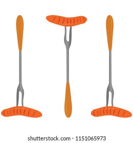 Three sausages on three forks isolated on white background