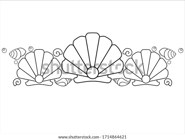 Three\
scallop shells with pearls and other small shells - vector linear\
composition for a coloring book on a marine theme. Ocean underwater\
picture for coloring. Outline. Hand\
drawing.