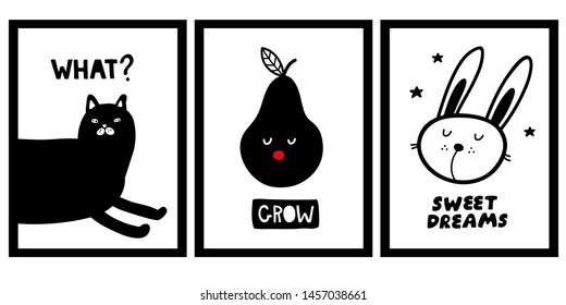 Tres afiches escandinavos para decorar las guarderías. Colección de arte mural en blanco y negro. Ilustraciones monocromas vectoriales