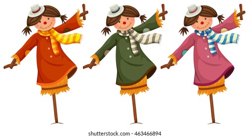 Three scarecrows in woman clothes illustration