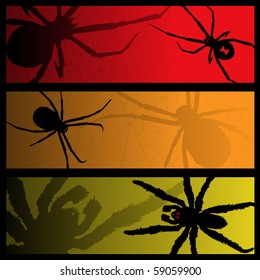 Three scary banners featuring spiders and shadows