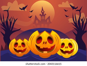 three scary evil halloween pumpkins