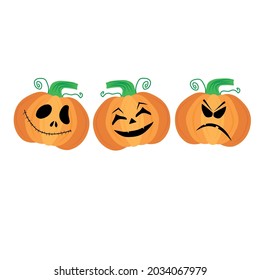 Tres caras de fantasmas de calabaza aterradoras y divertidas para Halloween. conjunto de caras enojadas y divertidas para tallar calabaza y diseñar para Halloween