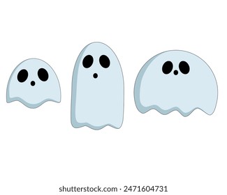 Tres fantasmas aterradores cubiertos con sábana, con bocas y ojos divertidos. Fantasma de forma diferente para el diseño de la fiesta de Halloween aislado sobre fondo blanco
