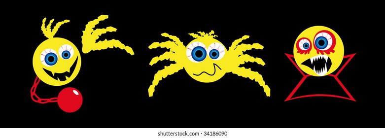 three scary halloween icon smileys on a black background