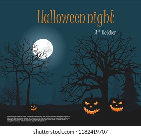 Three Scary halloween pumpkin of the night forest  background. Vector Illustration template