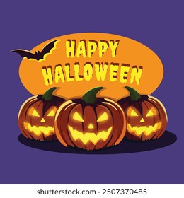 Three scary pumpkins with bat. Happy Halloween concept. Template for party, poster, brochure or greeting card with. Vector illustration