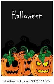 Three scary pumpkins on black background. Great Halloween poster. Cartoon characters. Halloween Postcards.