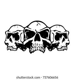 Three scary skulls, silhouette on white background, vector