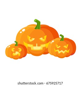 Three scary, spooky pumpkin jack-o-lanterns, Halloween decoration, cartoon vector illustration isolated on white background. Halloween pumpkin lanterns with carved out angry faces and spooky teeth