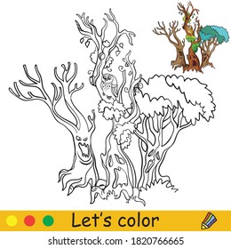 Three scary trees with faces. Coloring book. Halloween cartoon vector illustration isolated on white background. Coloring book page with an example for coloring