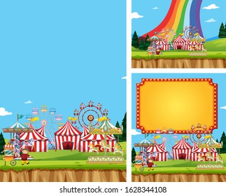 Three scene of circus with many rides illustration