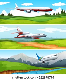 Three scenes of airplane flying over the field illustration
