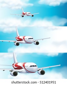 Three scenes with airplane in the sky illustration