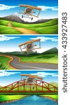 Three scenes of airplanes flying in sky illustration