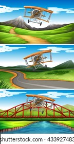Three scenes of airplanes flying in sky illustration