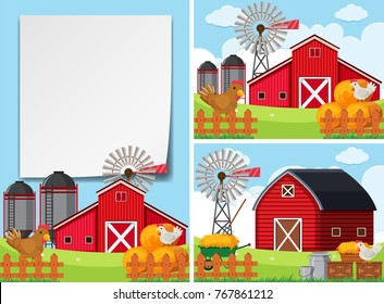 Three scenes with barns and chickens illustration