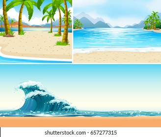 Three scenes of beach and ocean illustration