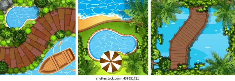 Three scenes with bridge and pond illustration