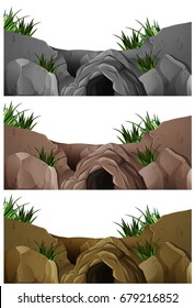 Three scenes of cave in the rocky mountain illustration