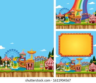 Three scenes of circus with many rides illustration