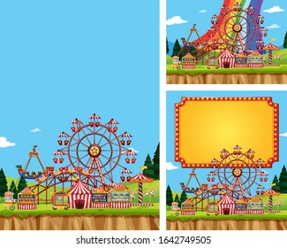 Tres escenas de circo con muchas ilustraciones en bicicleta