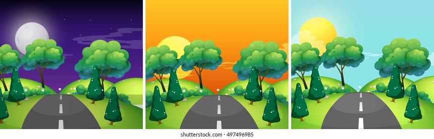Three scenes of countryside at different time of day illustration