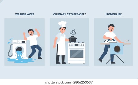 Three scenes of domestic mishaps: a leaking washing machine, burnt cooking on a stove, and an iron burn on a shirt.