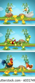 Tres escenas de animales de granja por ilustración fluvial