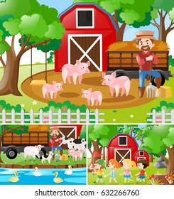 Three scenes of a farmer working in the farm illustration