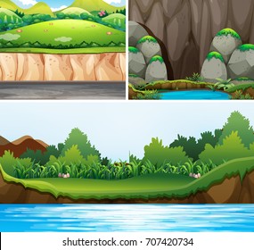 Drei Szenen von Wäldern und Flussgrafik