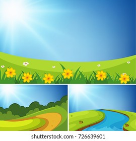 Tres escenas de jardín en la ilustración del día
