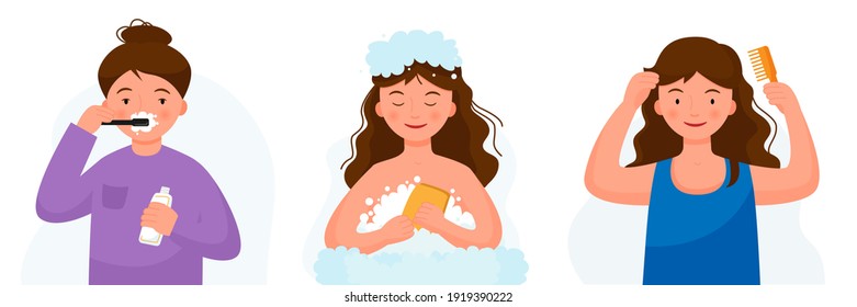 Tres escenas con la higiene matutina de la niña. La mujer se lava, se cepilla los dientes, se ducha y se cepilla el pelo. Ilustración vectorial con rutina matutina. Buenos hábitos.