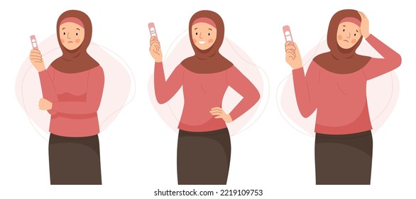 Three scenes with a happy and unhappy muslim woman in hijab holding a pregnancy test. Positive and negative pregnancy test. Motherhood. Vector flat illustration.