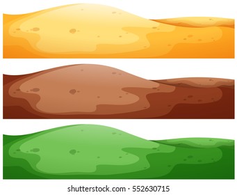Tres escenas de colinas con diferentes ilustraciones de suelo de color